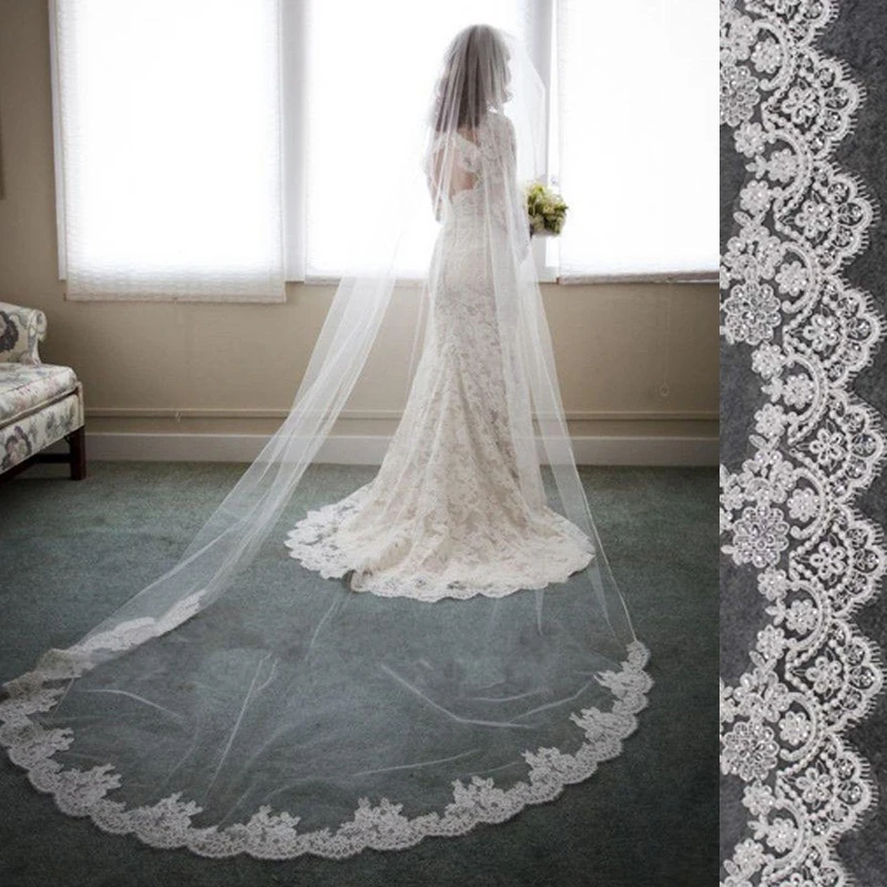 

3*1.5M Women Wedding Veils Long One Layer With Comb Bridal Party Veil Sequins Lace Appliqued