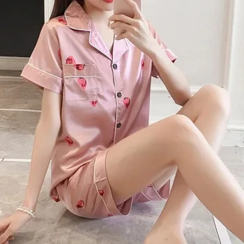 

2020 New Printing Short Sleeve Silk Pajamas Set Two Pieces Set Women Sleepwear Cute Nightwear for Women Sleeping set