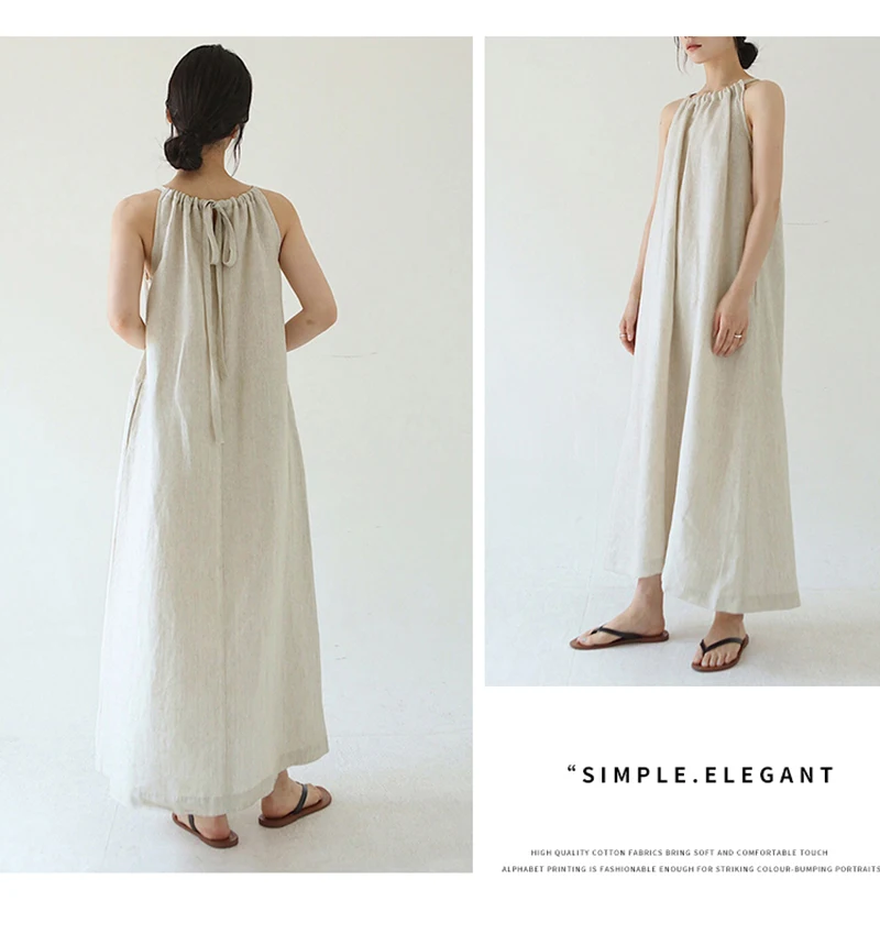 Vintage 100% Linen Women Dress Fashion Sexy Halter Sleeveless Back Bandage Long Maxi Lady Dresses Vestidos MZYBLB3236Y