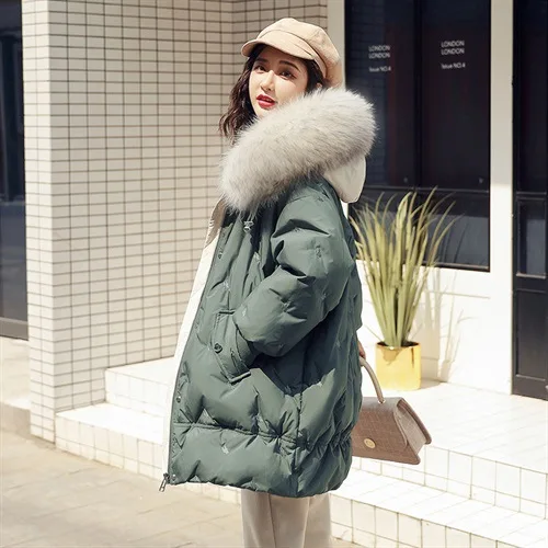 Winter Deconstructable Large Fur Collar Mixed Colors down Jacket H Type Loose Mid-length Hooded Thick down Jacket Women's