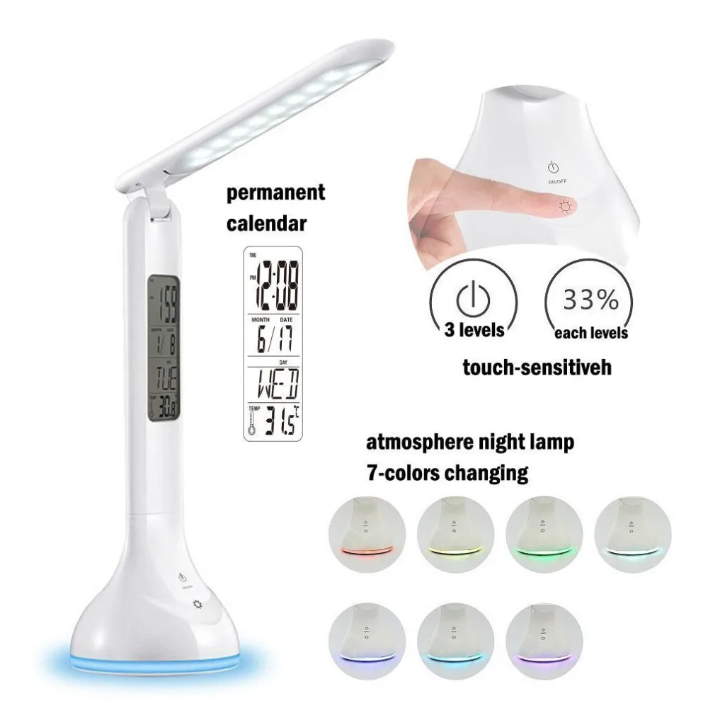  Foldable Led Desk Lamp Dimmable with Calendar Temperature Alarm Clock Atmosphere Colors Changing Bo
