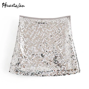 

Huaxiafan women skirts design shining skirt zipper silver paillettes club party mini skirt lady streetwear sexy female bottoms