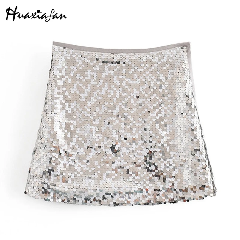 Huaxiafan женские юбки дизайнерская блестящая юбка на молнии серебряные с пайетками
