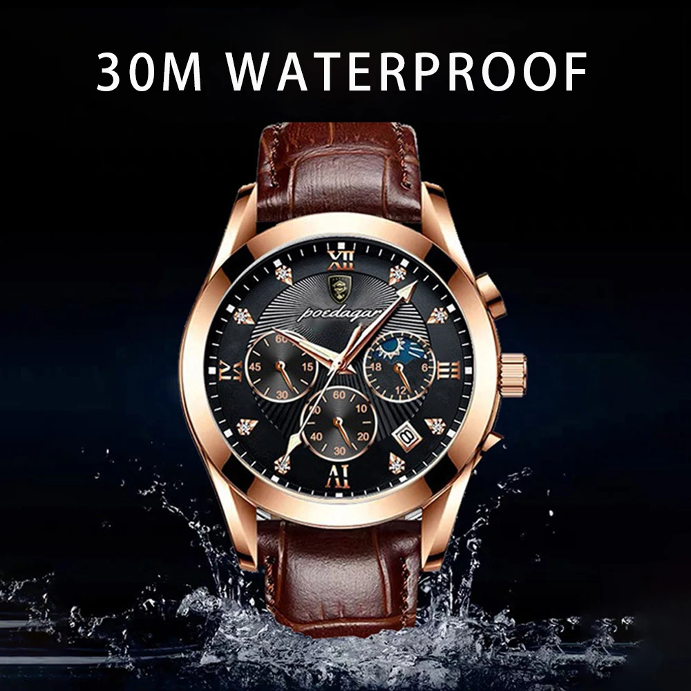 POEDAGAR Men Watches Waterproof 2021 Fashion New Leather  Luminous Wristwatch Top Brand Luxury Mens Quartz Relogio Masculino 4