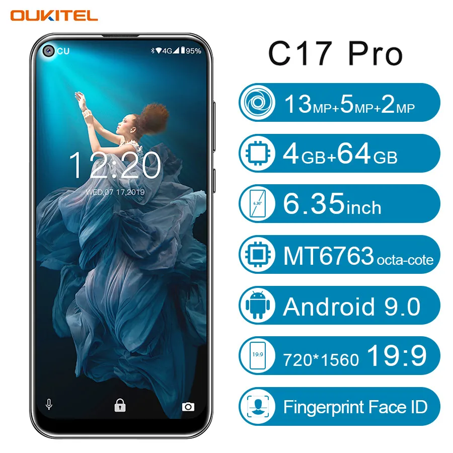 OUKITEL C17 Pro 6,3" 19,5: 9 Android 9,0 мобильный телефон MTK6763 Восьмиядерный 4 Гб ОЗУ 64 Гб ПЗУ двойной 4G LTE задняя Тройная камера смартфон