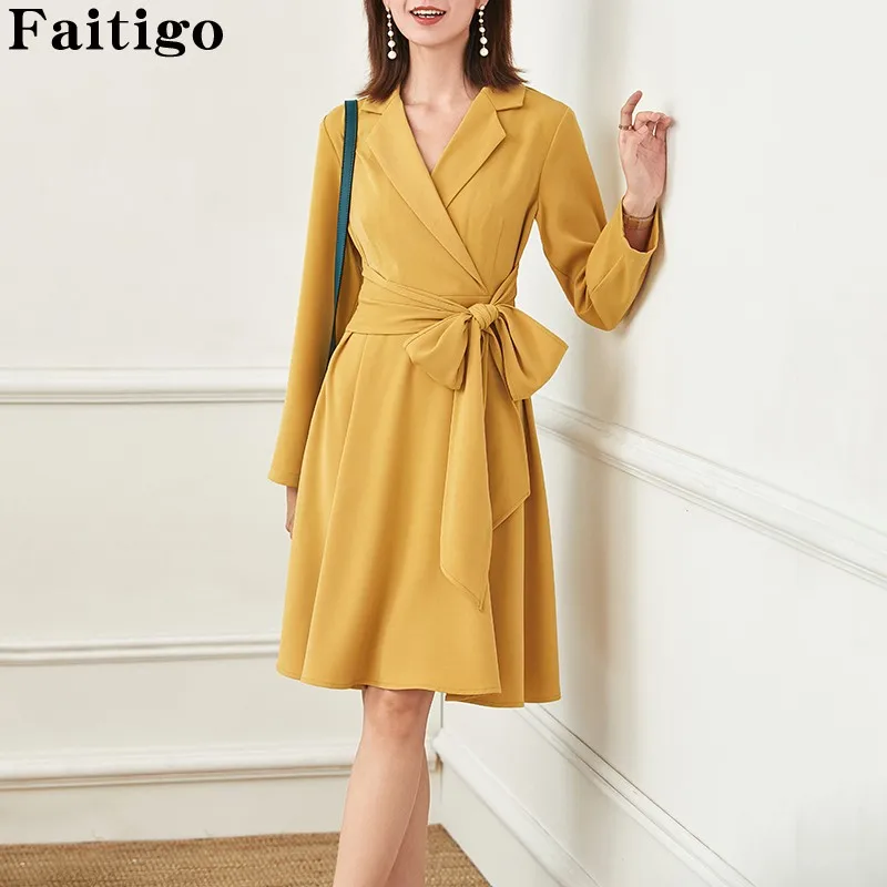 

Elegant Solid Color V-neck Bow Sashes Office Lady Dress Women Autumn Long Sleeve Loose Midi A-line Dresses