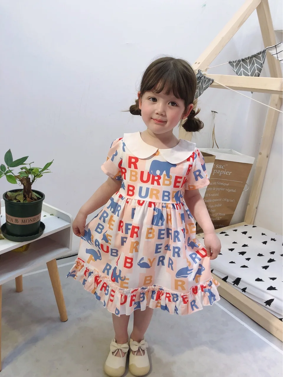 Новое хлопковое платье принцессы с принтом для девочек детская одежда высокого качества с кукольным воротником, лето
