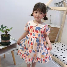 Новое хлопковое платье принцессы с принтом для девочек детская одежда высокого качества с кукольным воротником, лето