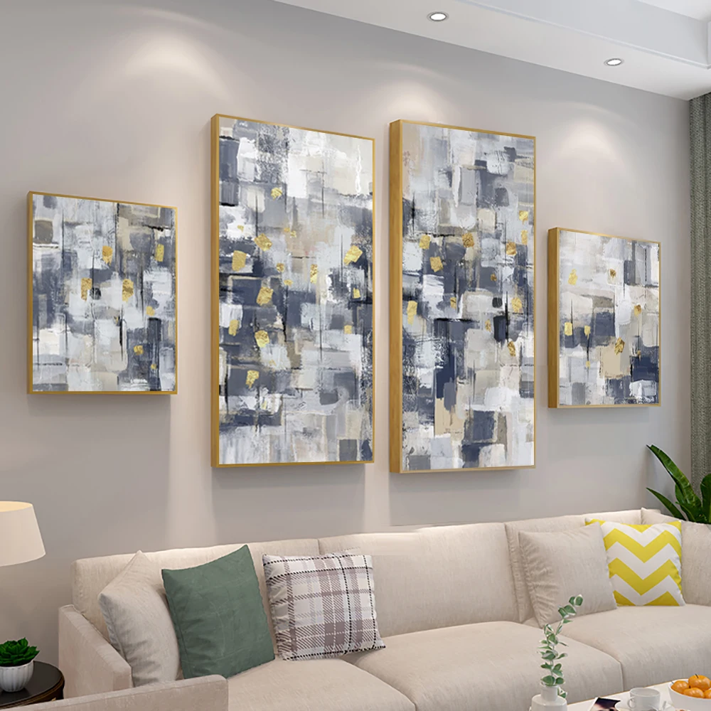 

4 Panels Abstract Painting on Canvas Grey and White Paintings Wall Art Picture Print Poster for Living Room Home Decor Frameless