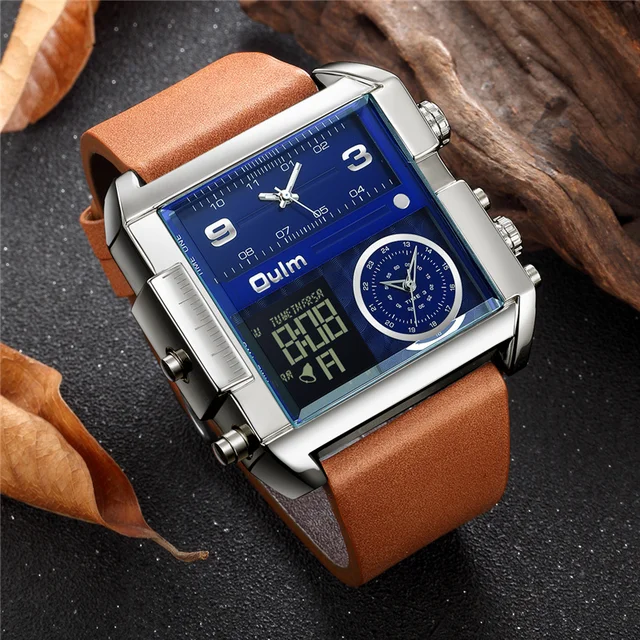 Oulm Men's Sport Watches 3 Time Zone Fashion LED Digital Watch Male Big Dial Quartz Clock Leather Wristwatch reloj hombre 3