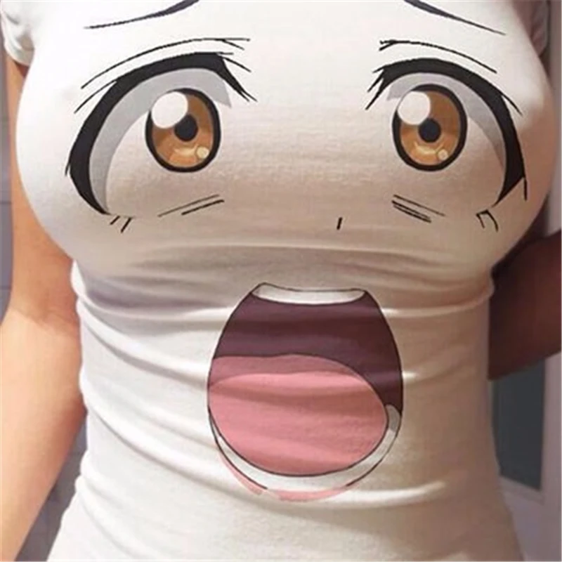 

Funny Big Eyes Printed T-shirt Sexy Anime Cartoon Cute Expression Straitjacket Short Sleeve T-shirt Tops Slim Young Ladies Tee