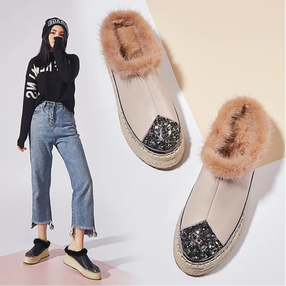 

BELLECOM winter new style bag head, thick bottom, half slipper, rabbit hair, fashionable warm lazy shoes, women's shoes