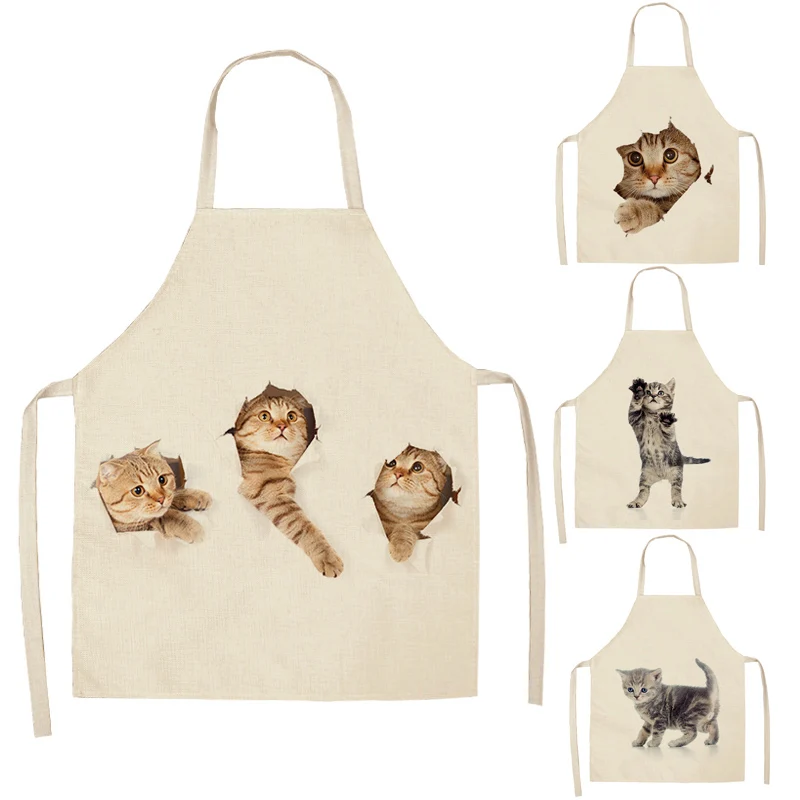 

1 Pcs Lovely Cat Pattern Kitchen Apron for Women Cotton Linen Bibs Household Cleaning Pinafore Home Cooking Aprons