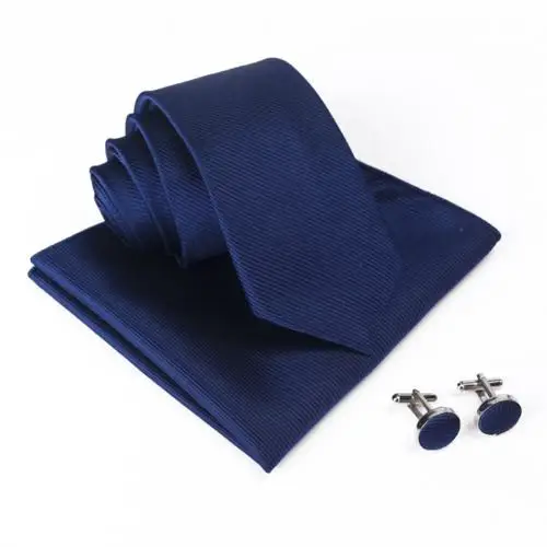 Dark Blue 3 шт., деловой мужской Одноцветный ребристый галстук, шарф, манжета, костюм, набор аксессуаров для шеи, галстук, модная рубашка, платье, аксессуары, подарок для мужчин - Цвет: Dark Blue
