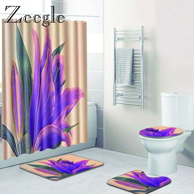 Zeegle 4pcs Bath Mat Set with Shower Curtain Bath Polyester Floor Mat Anti-slip Toilet Foot Rug Bathroom Carpets Soft Toilet Set