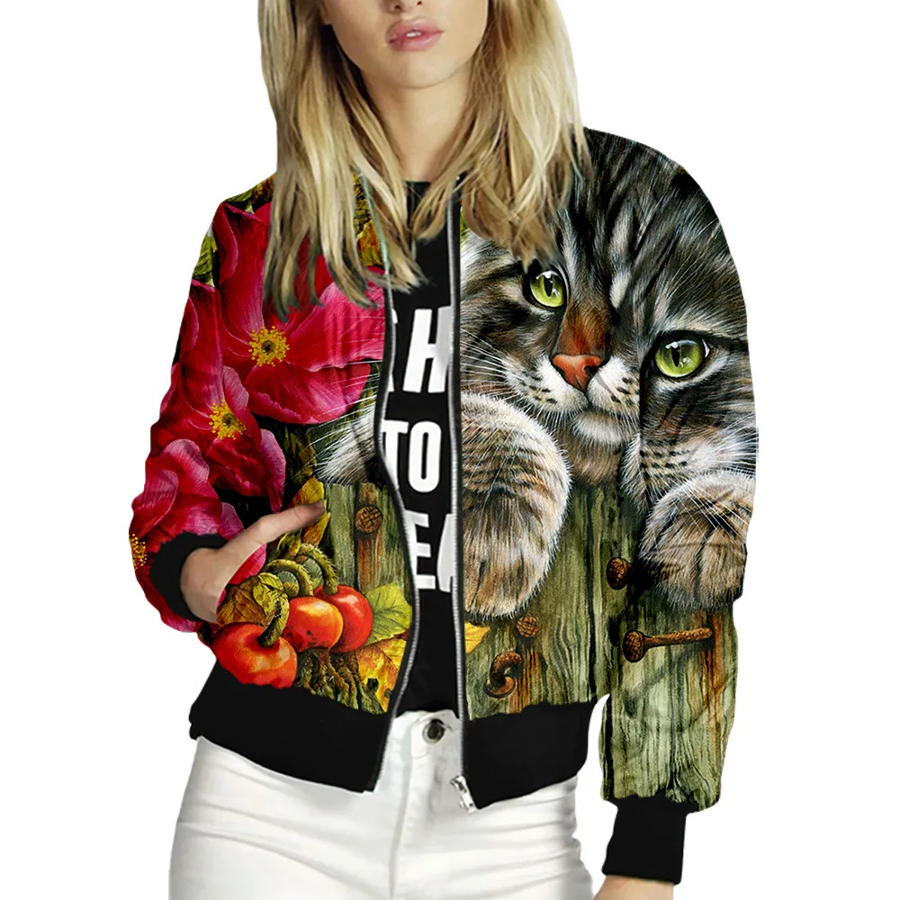 Womens Bomber Jacket With Cat Pattern Cool Spring Jacket with Cat Print Gift for Cat Mom Cat Jacket for Women Cat Lover Gift