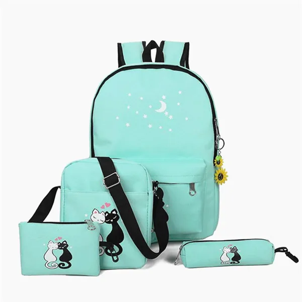 4 шт./партия, комплект холщовых рюкзаков, милый школьный ранец с принтом кота для девочек-подростков, сумка на плечо+ Сумка-карандаш, композитный, большой емкости - Цвет: Light green