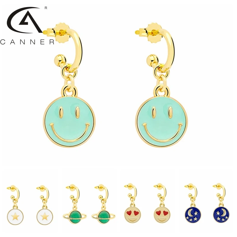 CANNER Smile Face 925 Sterling Silver Earrings With Dripping Oil Obsessed Planet Star Moon Pendants New Piercing Stud Ear Rings