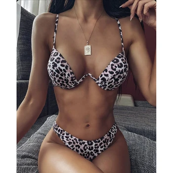 

2020 Sexy Leopard Underwire Bikini Push Up Swimsuit Swimwear Women Swimming for Halter Brazilian Bikini Set Thong Bathing Suit