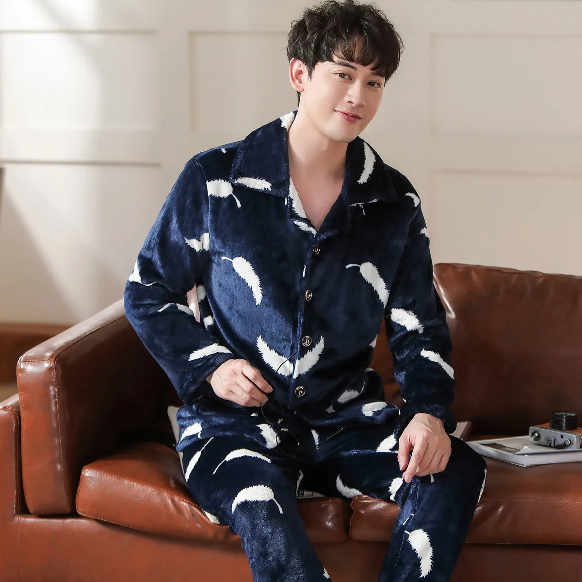 mens silk pajamas Plus Size 3XL Grey Nightwear Long Sleeve Winter Thicken Warm Flannel Pajamas Sets Soft Sleepwear Long Pant Male Men Pajamas Sets mens brushed cotton pyjamas