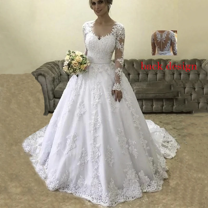 Ангел халат замужем mariage 2019 длинные рукав с накладной аппликацией Свадебные платья прозрачные совок шеи со шлейфом средней длины
