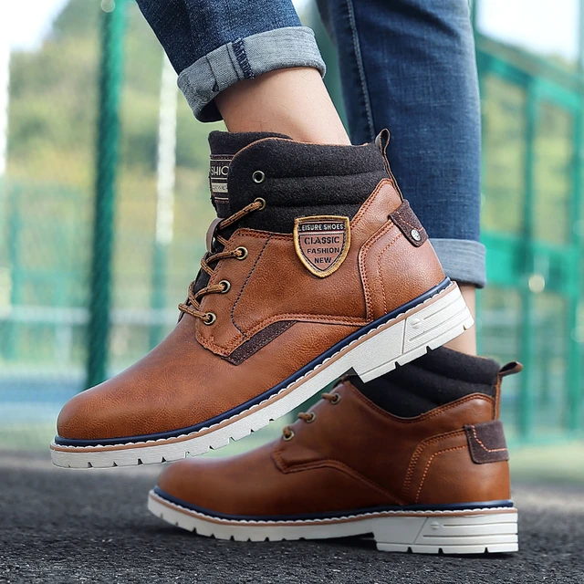 Leather Winter Boots Men Fashion Warm Walking Shoes Autumn Ankle Bootie Plush Casual Shoes Boys Non-Slip Sneakers for Outdoor 6