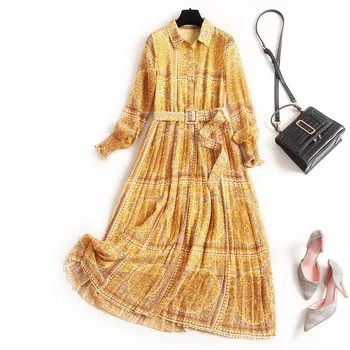 

Women vintage fashion elegant dress new 2020 spring summer long blouson sleeve sashes waist pleated midi dresses yellow