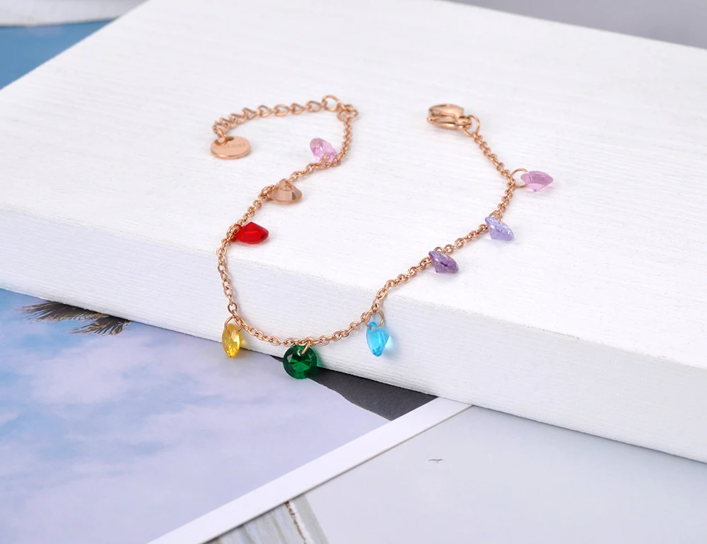 JeeMango Edelstahl-Armbänder im Bohemia-Stil mit Kette und Gliedern für Damen, buntes CZ-Kristall-Charm-Armband, Armband für Damen, JB20114 – Detail 4