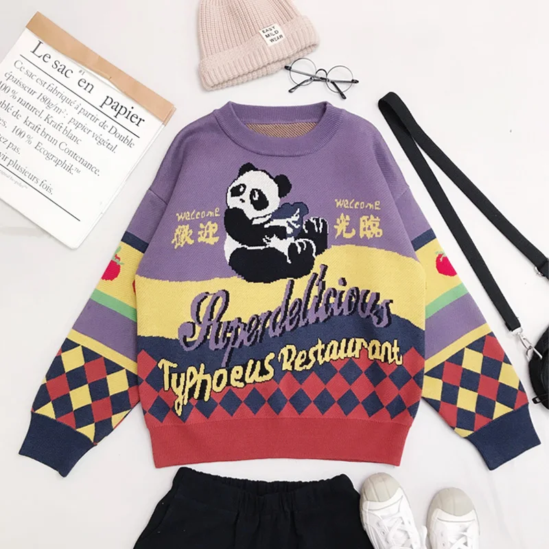 Осенне-зимний женский жаккардовый свитер в винтажном стиле с изображением панды