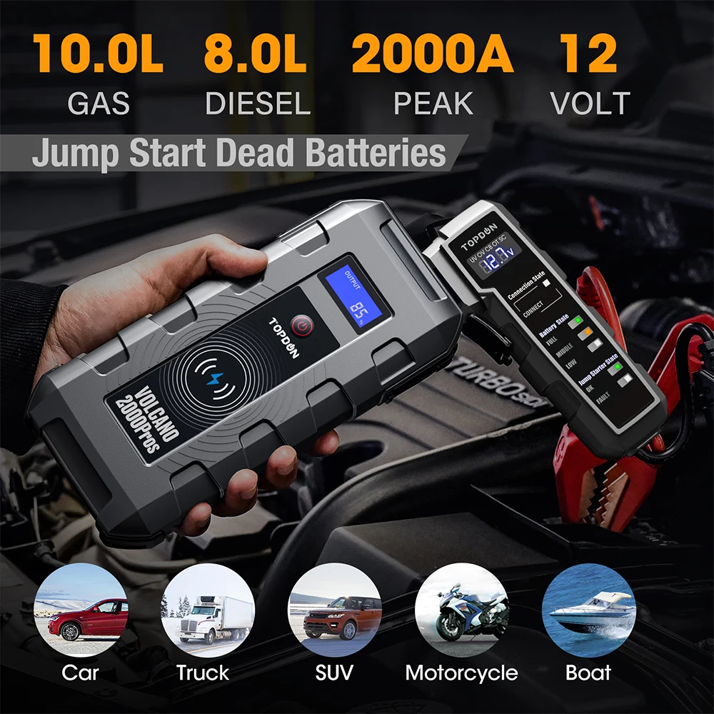 TOPDON Auto Starthilfe Powerbank bis zu 10L Gas 8 L Diesel Zwei QC3.0-USB-Anschlüssen LED-Taschenlampe 2000A 20800 mAh Powerbank Jumpstarter  12V Auto Starthilfegerät mit kabellosem Ladegerät