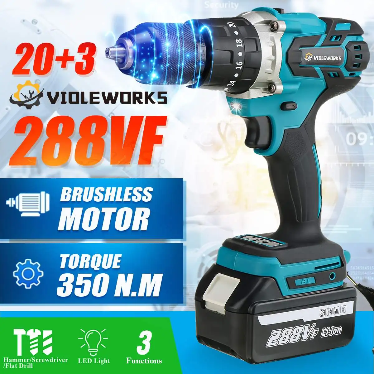 3 In 1 288V 13mm Brushless Electric Drill Screwdriver Cordless Hammer Impact Drill 20+3 Torque for Makita 18V Battery