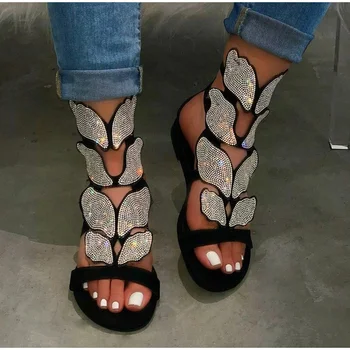 

Rimocy New 2020 Women Rhinestone Gladiator Sandals Summer Ankle Strap Bling Flat Sandals Woman Crystal Rome Party Ladies Shoes