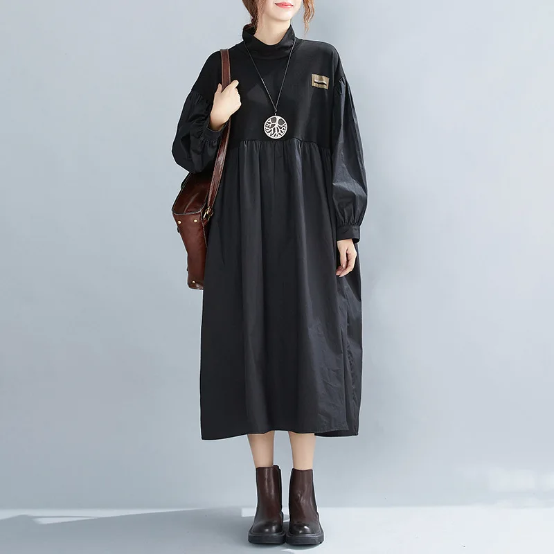 Johnature Women Pleated Dress Cotton High Collar Puff Sleeve Solid Color Loose Clothing 2021 Autumn New Patchwork Casual Dresses | Женская