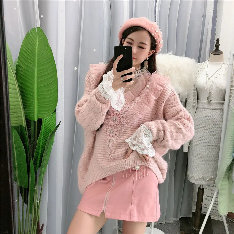 Winter Women Handwork Beaded Flowers Sweater Lace Patchwork V-Neck Pink Sweet Warm Sweater Jumper Top Casual Knitted Pullover