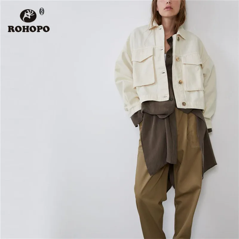 

ROHOPO Big Pockets Buttons Fly Motor Cotton Fabric White Demin Jacket Straight Washed Solid Jeans Short Outwear #9472