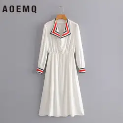 AOEMQ модное осеннее платье однотонные белые макси платья двойной слойный воротник креативная Офисная Женская одежда пляжные вечерние