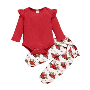 

0-18M Newborn Baby Girl Christmas Clothes Seet Cotton Long Sleeve Red Romper+ Bow Cartoon Print Pants 2Pcs