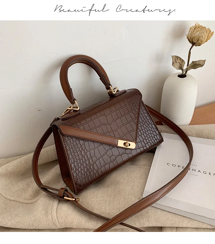 Women Small Top Handle Bag Luxury Brand Trapezoid Shaped Handbag for Women Girls Crocodile Print PU Leather Cross body Bag Beige (14)