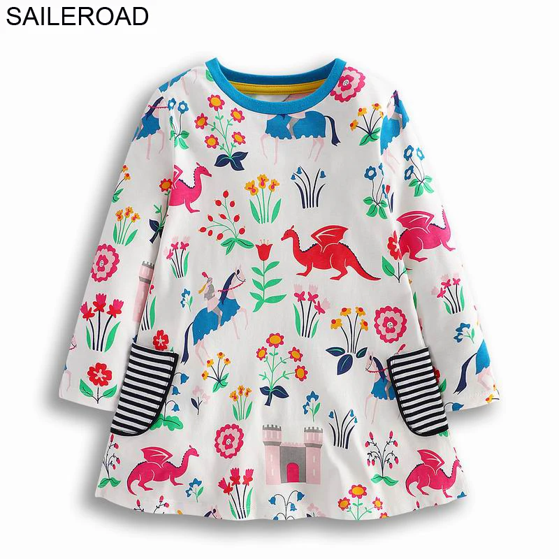 SAILEROAD Children Dinosaur Pocket Dress for 2-12Yrs Juvenile Wedding Christmas Holiday Dresses Autumn Teenager | Детская одежда и