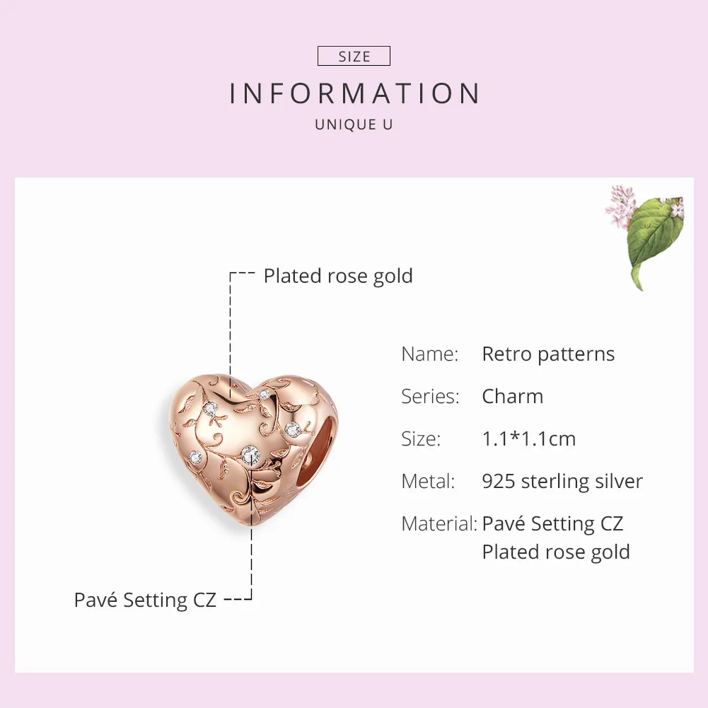 WOSTU 925 Sterling Silver Flower Retro Patterns Heart Beads Rose Gold Charm Fit Original Bracelet Pendant DIY Jewelry BKC1323-C