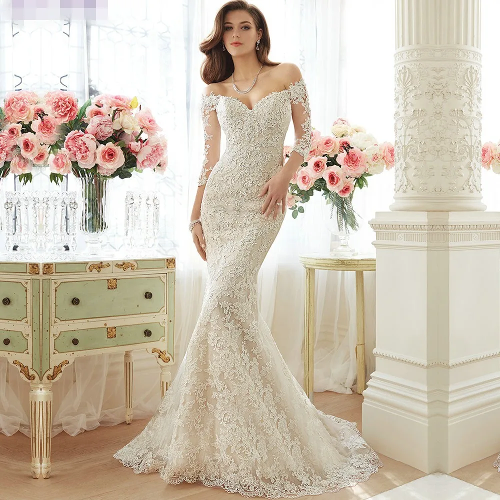 

Mermaid Lace Vintage 2018 Elegant 3/4 Sleeves Off the Shoulder Brides Vestido de Noiva Bridal gown mother of the bride dresses