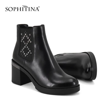 

SOPHITINA Ankle Boots Fashion Comfortable Round Toe Square Heel Cow Leather Shoes Woman Unique Elegant Chelsea Boots SC350