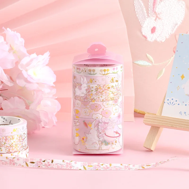 5 unids/set oro sello de cinta de Washi, Kawaii cinta adhesiva dorado adhesivo decorativo pegatinas DIY Scrapbooking diario papelería álbum