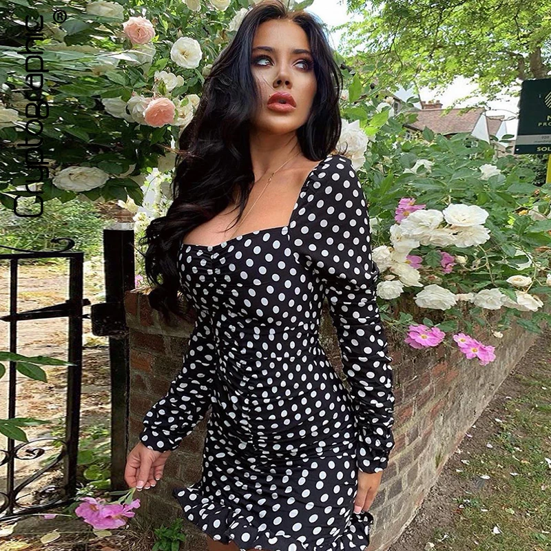 

Cryptographic Fashion Polka Dot Ruffles Women's Dresses Square Collar Long Sleeve Ruched Dresses 2019 Autumn Female Clothes New