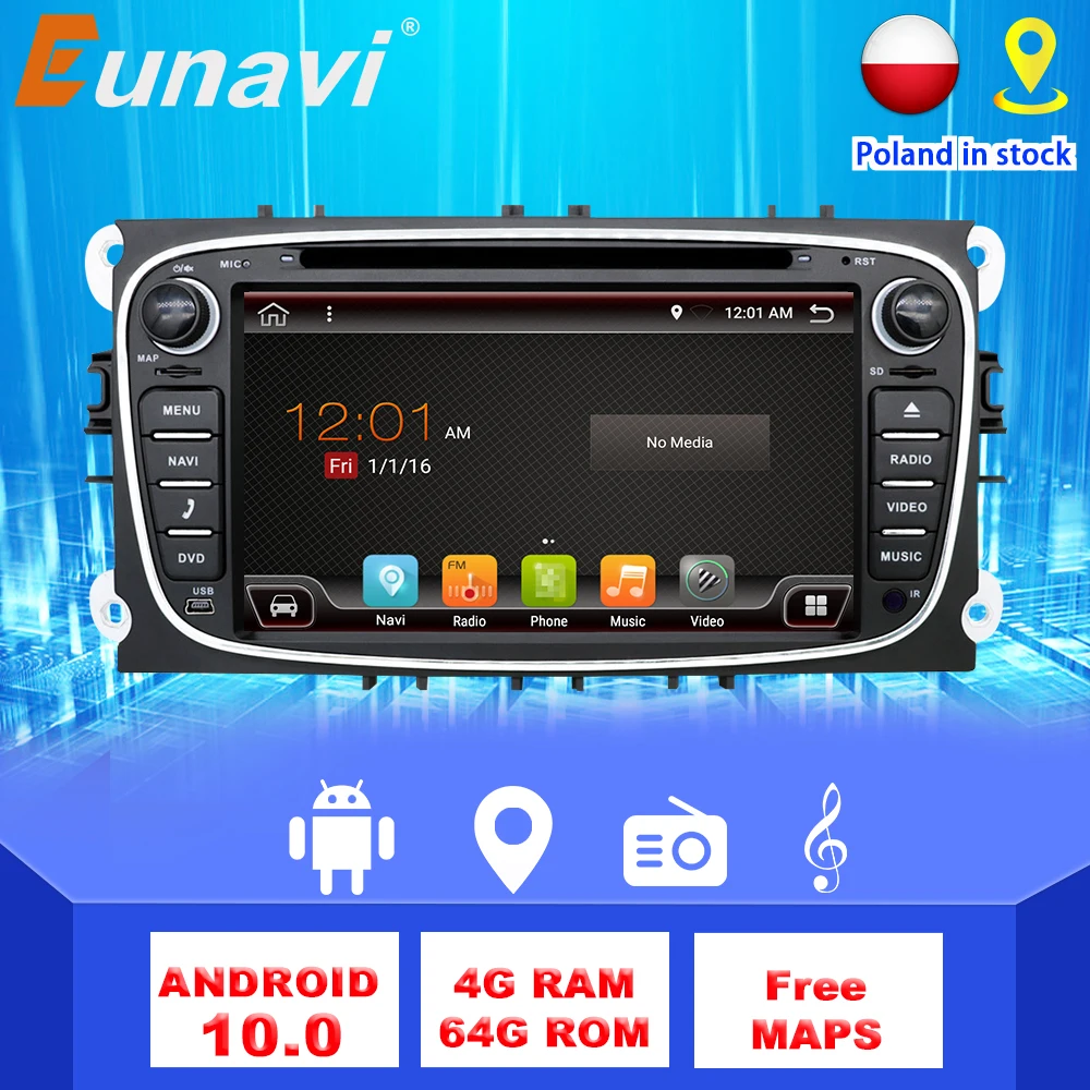 Eunavi 2 din Android 9 0 автомобильный DVD мультимедийный плеер для FORD Focus Mondeo S-MAX Galaxy 4G 64G