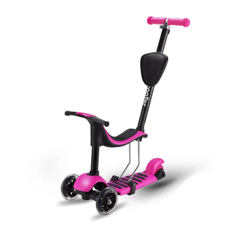 LED T-Bar Seat Scooter 3 Wheels Children Scooter Folding Outdoor Adjustable Detachable Seat Scooter Push Rod Design Lightweight - Цвет: Розовый