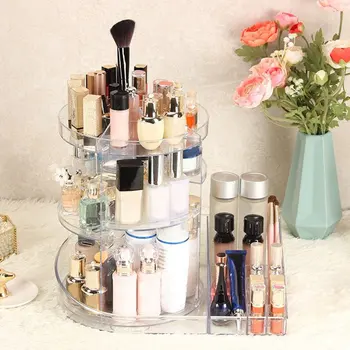 

2-in-1 Cosmetic Storage Box Makeup Organizer Cosmetics Storage Rack 360 Degree Rotating Fashion Shelf Display Stand High Capacit
