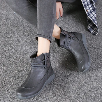 

Black Ankle Boots Women Autumn Winter Low Heels Flat Short Boots Ladies Fashion Leather Slip On Women Booties Shoes Plus Size