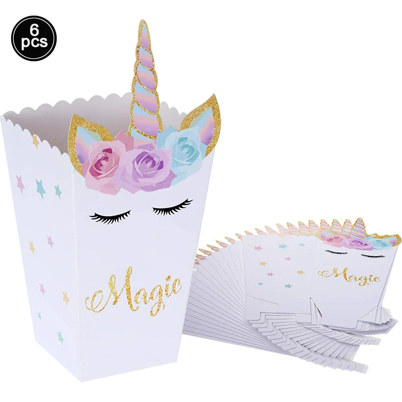 6pcs Popcorn Box Коробки для попкорна с изображением единорога, бумажная коробка для конфет с изображением русалки, пластиковые подарочные сумки для конфет для детей, праздничные вечерние принадлежности для дня рождения - Цвет: 6pcs Popcorn Box