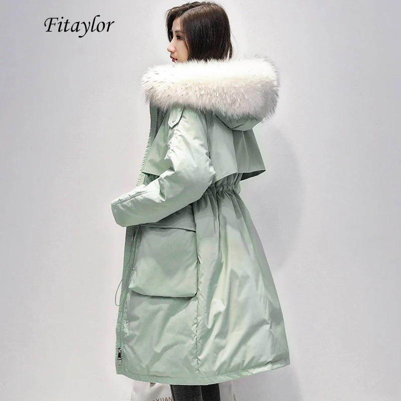 Fitaylor, большое длинное пальто с воротником из натурального меха, женская зимняя парка на 90% белом утином пуху, женский пуховик на молнии с поясом, верхняя одежда